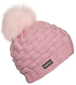 Merino Mütze LAHTI mit veganem Fellbommel rosé Unisex Damen-Mütze Herren-Mütze Strickmütze Wollmütze Winter-Haube siamo-handmade