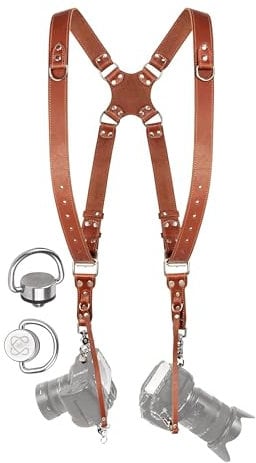 C Coiro Camera Harness for 2 Cameras – Dual Shoulder Leather Camera Strap – Double Camera Harness for DSLR/SLR, Tan, Adjustable