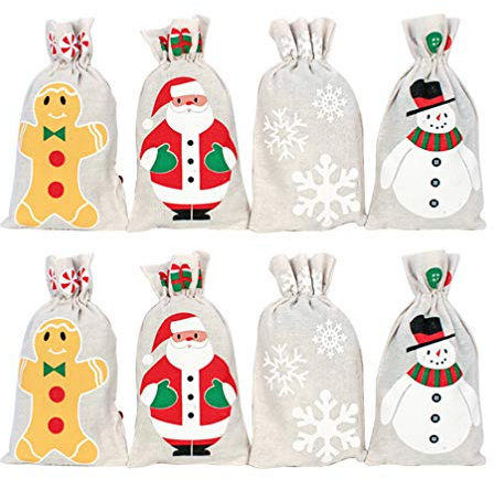 NUOBESTY 8 Stücke Geschenksäckchen Weihnachten Säckchen Jutesäckchen Nikolaussäckchen Adventskalender Beutel Kleine Jutebeutel Süßigkeiten Taschen Weihnachtsmann Sack - Zufällig