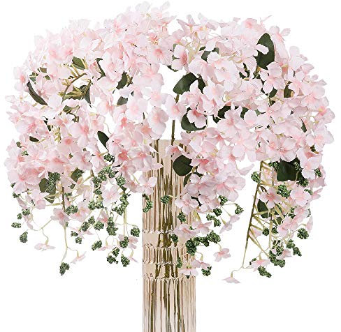 JARELING 6pcs Artificial Silk Hydrangea Flowers Long Stems Fake Flowers for Tall Vase Wedding Vine Hanging Garlands Flower for Home Office Arch Party Decoration(Pink)