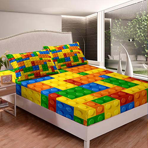 Kinder-Bettwäsche-Set für Kinderzimmer, Bunte Bausteine, Spannbetttuch für Jungen und Mädchen, Geschenk, Spielzeug, Ziegelstein-Bettwäsche-Set, 3-teilig, volle Größe