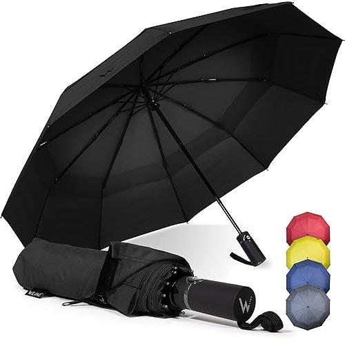 WLine Wind Ombrello Pieghevole Antivento da Pioggia con Apertura e Chiusura Automatica, Stoffa Teflon, Struttura Ultraresistente, Diametro 104cm (Nero senza Custodia)