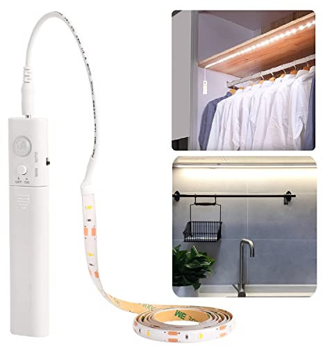 KUCAM Luce LED per Armadio, 1M 30LED Striscia a Batteria con Sensore di Movimento, 6000K Bianco Freddo, Luci Notturne per Bambini, Cabina, Guardaroba, Accessori Casa, Cucina, Bagno