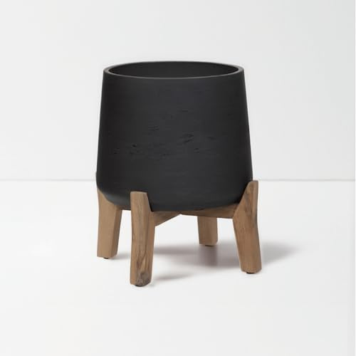 Finestgreen Patt Feet Low | Handgefertigtes Pflanzgefäß auf Holzfüßen (XXL Ø:39,5 H:43 cm, Schwarz) | Pottery Pots