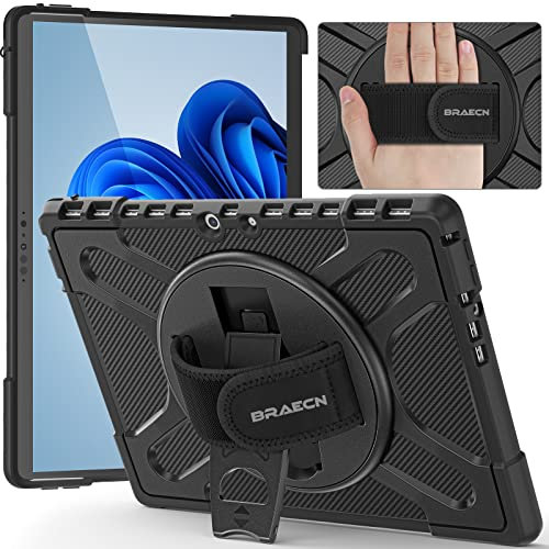 BRAECN Hülle für Microsoft Surface Pro 8 13 Zoll, Stoßfeste Robuste Tragbare Hülle mit 360° Drehbarem Ständer und Handgurt, Schwarz