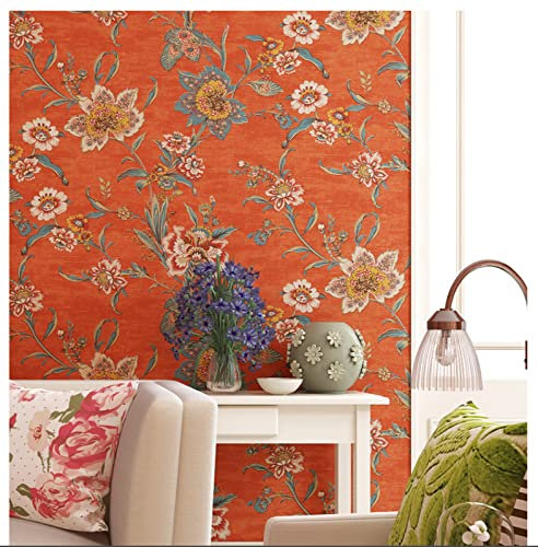 ZAHHYG Papier Peint Panoramique Fleurs Orange Vintage Papier Peint Adhesif Moderne Papier Peint 3D Salon Papier Peint Intissé Chambre D’enfants Décoration Murale Papiers Peints53x500cm