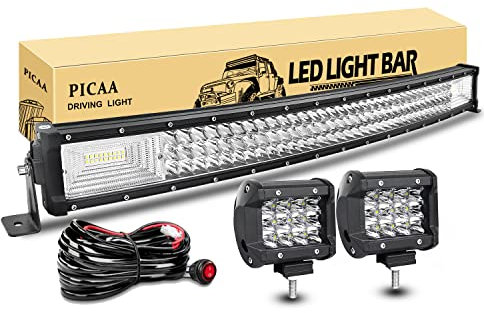 PICAA Barra luminosa a LED 32 pollici 405W Curva 7D Barra Luce a Led Led Luci di Lavoro Fuoristrada a Led per Moto 4WD SUV ATV UTV Camion 12V 24V Con 2PCS 4 pollici 36W Luce da lavoro a LED