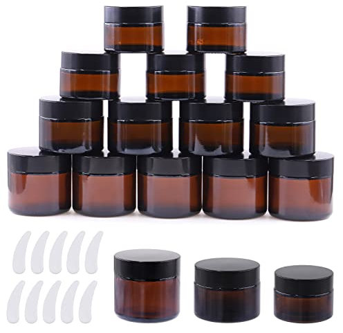 Cimeton Lot de 15 bocaux en verre ambré de 28,3 g, 48,2 g, 56,7 g avec doublures intérieures, couvercles noirs et kit de 10 grattoirs en plastique, récipients ronds en verre ambré pour ranger les