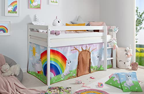 TiCAA Hochbett, Kinderbett Spielbett mit Treppe aus Kiefer Massivholz Bettgestell 90 x 200