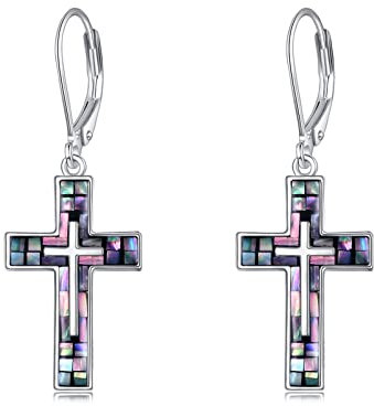YFN Kreuz Ohrringe Sterling Silber Abalone Schale Kreuz Ohrringe Baumeln Tropfen Hängend Ohrringe Religion Schmuck Christen Geschenke für Damen Herren