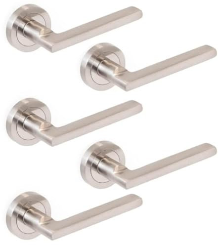 Pack de 5 juegos Manetas para puertas de interior, juego de manillas para puerta de paso con roseta de.50 mm, Aluminio y zamak, Níquel satinado