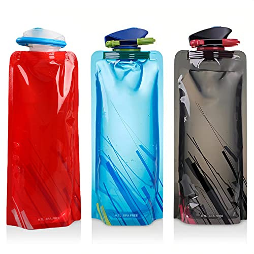 WUDQIJI Faltbarer Wasser-Flaschen Faltbare Trinkflasche 3 Stück 700ML | Faltbare Wasserflaschen Set Trinkflaschen Faltbar Faltbare Flexible Wasserflasche für Wandern Reisen Abenteuer(3 Farben)