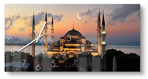 DEQORI Glasuhr | vertikal 60x30 cm | Motiv Mondsichel über Moschee | große XXL Design Uhr aus Glas | leise Wanduhr für Wohnzimmer & Küche | Moderne Hingucker Uhr für die Wand