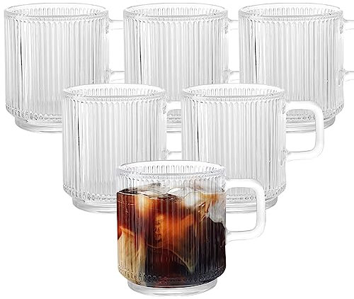 6 Stück Gläser Kaffeegläser Set, 350ml Teegläser mit henkel Klar Cappuccino Kaffee Gläser Geriffeltem Glas Glasbecher für Whiskey Coocktail Saft Kaffee, Spülmaschinenfest