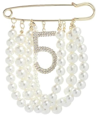 Glückliche Nummer Fünf Strass Brosche Pin mit hängenden Perlen Kette für Frauen Mode Vintage Schmuck