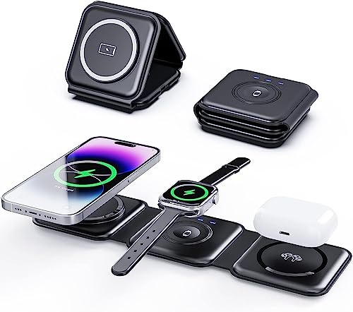 Tiergrade 3 in 1 Kabelloses Ladegerät für Apple-Geräte, Magnetische Faltbare Ladestation, Reiseladegerät für iPhone 14/13/12 Serie, AirPods 3/2/Pro/Pro2, iWatch (Adapter im Lieferumfang) Schwarz