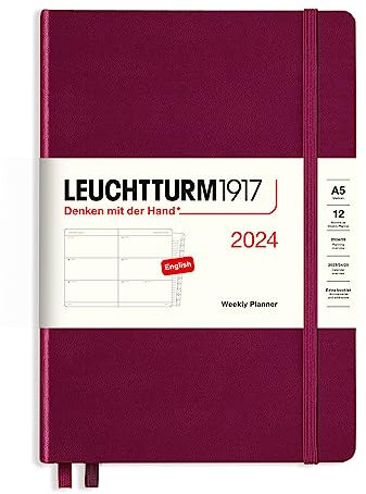 LEUCHTTURM1917 367614 Wochenkalender Medium (A5) 2024, 12 Monate, Port Red, Englisch