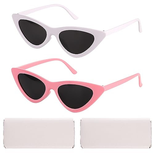 2Pz Occhiali da Sole Occhi di Gatto per Donna, Moda Vintage Occhiali da Sole per Donna Ragazza Occhiali da Sole Retrò per Festa Uso Quotidiano con 2 Astuccio per Occhiali da Sole (Bianco, Rosa)