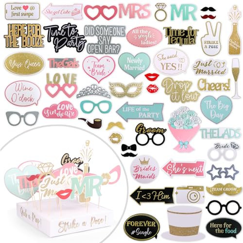 SOUL SHIFT - NO DIY - 60PCs Pastel Themed Wedding Photo Booth Props - Prop Stand Included - Pre-Assembled -Elegant Wedding & Reception Party Props - Funny Props - Real Glitter – Bridal PhotoBooth