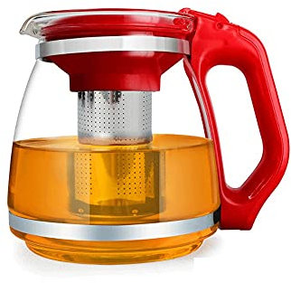 Teiera in vetro cristallino con infusore - 1500 ml, colore rosso, design a fiori