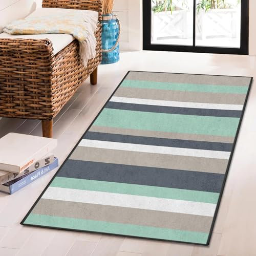 Bribay Teppich, waschbar und rutschfest, 60 x 100 cm, geometrische Streifen, grün-blau, Retro, bunt, klein, für Eingangsbereich, Fußmatte, Teppich für Schlafzimmer, Küche, Bad, Waschküche, Wohnzimmer
