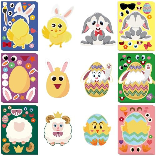 24 Blatt Osteraufkleber, 6 Stile Ostereier Hase Gesichtsaufkleber Niedliches Küken Schaf Hasenmuster Feiertagspartyspiel Frühlingsaufkleber für Kinder-DIY-Bastelarbeiten Korb-Geschenkfüller