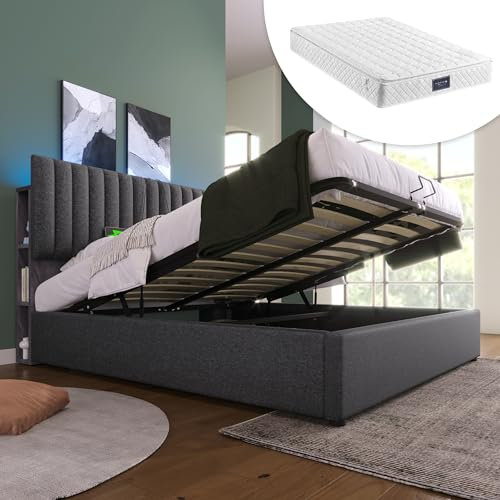 MQLAE Polsterbett 140x200, Hydraulisch Doppelbett groß Stauraum, Bett mit USB Type C Ladefunktion, Stauraum & Verstellbares Kopfteil, LED Bett-App-Control, Lattenrost aus Holz, Grau (Mit Matratze)