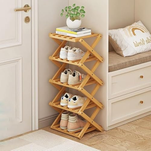 Petite étagère à chaussures pliable en bambou, organiseur en bois étroit et haut, pour couloir, entrée, 5 couches de couleur primaire