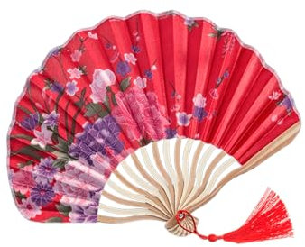 Chinese Vintage Folding Fans Handheld Fans with Tassel Floral Printed Bamboo Fans Silk Fabric Traditional Fans Classical Delicate Fans for Dancing Cosplay Party Props Decoration Gifts (Red)