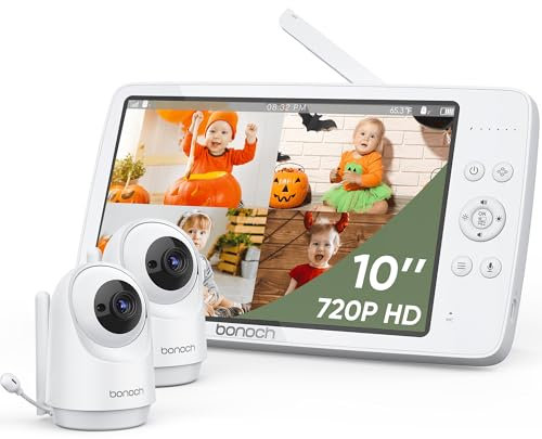 bonoch Babyphone de 10 pouces avec 2 caméras, écran quad-split HD 720p 6000 mAh, batterie vidéo, écran quad-split, vision nocturne, fonction audio des deux côtés, PTZ à distance, mode VOX, 8 berceuses