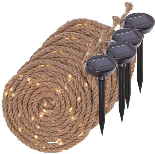 Lunartec Solar-Jute-Lichterketten: 4er-Set Solar-Seil-Lichterkette aus Naturfasern, 60 eingearbeitete LED (Lichtgirlande, Naturseil-Lichterkette)