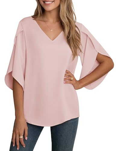 YGJIEGENG Camicia Donna Elegante a Manica a 3/4 Top Estiva Casual Tessuto in Chiffon Scollo a V Blusa Camicetta Manicotto Split Rosa L