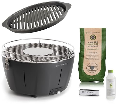 Classe Italy | Barbecue da Tavolo o Balcone a carbonella con Griglia in Ghisa. Barbecue Portatile, da Campeggio con Batteria Ricaricabile, Carbone e Gel per accensione. ADVANCED Nero Antracite