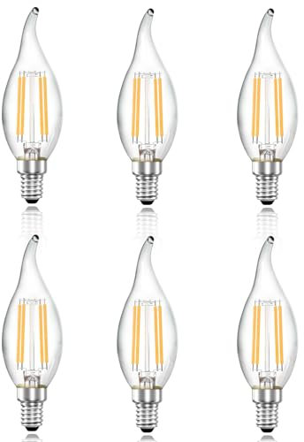 Wenscha E14 LED kerzen Glühbirne C35 pull-tail 4W 2700K warmweiss Klarglas Filamentoptik lampen Nicht dimmbar 6er-Set Kronleuchter Kerzenlampe Vintage Design Hotel Beleuchtung Wohnzimmer leuchtmittel