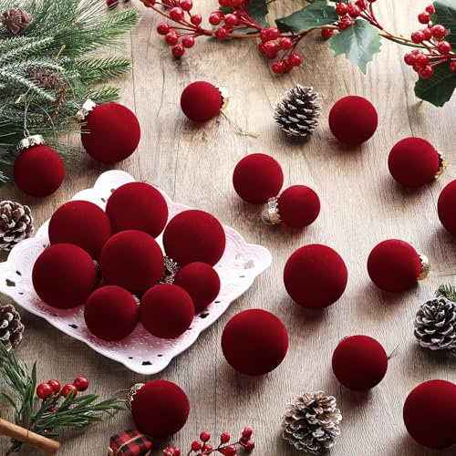 PullCrease Samt-Weihnachtskugeln, beflockt, zum Aufhängen, neutral, bruchsicher, Kunststoff, Samtkugeln für Weihnachtsbaumdekoration, Burgunderrot, 40 Stück