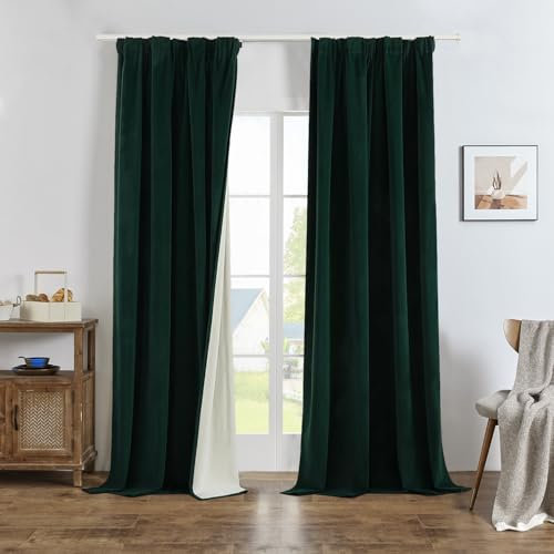 Joydeco 100% Blickdicht Samt Vorhänge mit Kräuselband 2 er Set H 160 x B 132 Dunkelgrün Schienensystem Schiebevorhang Verdunkelung Thermovorhang Kälteschutz Gardinen Schlafzimmer Wohnzimmer Curtains