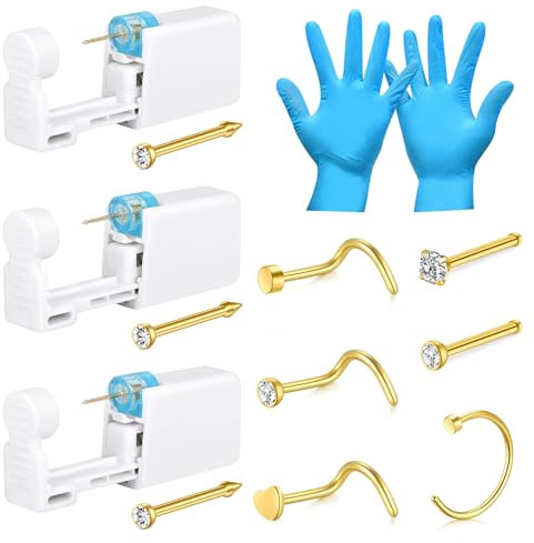 LAURITAMI Nasenpiercing Pistole Set,4 Stück Nasenpiercing Pistole mit Nasenstecker, Sicherheit Tragbares Selbst Nasenpiercing Gold Set mit 6 Nasenpiercing Stecker Ring und Handschuhe