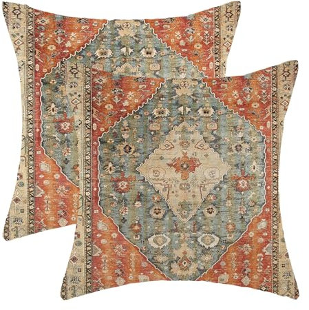 Boho-Kissenbezüge, 45,7 x 45,7 cm, 2 Stück, orange-blau, Vintage-Teppich, Dekoration, Outdoor-Dekoration, Bohemian-Retro-Teppich-Muster, dekorativer Kissenbezug, Bauernhaus-Kissenbezug für Zuhause,