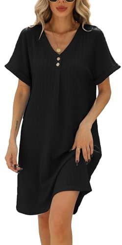 Famulily Women Dresses Rolled Sleeve V Neck Summer Short Dress Casual Solid Sundress A Line Swing Shirtdress Knee Length Black L