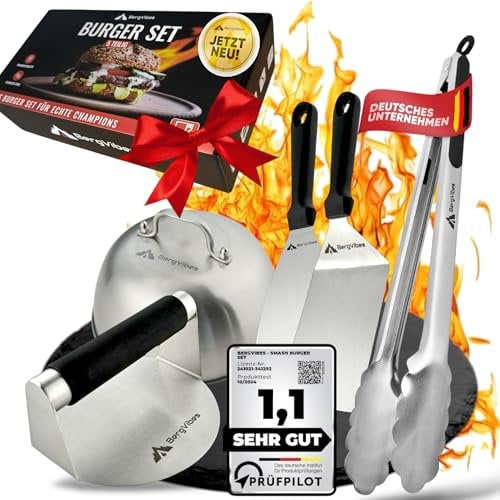 BERGVIBES Smash Burger Set 5TLG. aus Edelstahl,Plancha zubehör, Burgerglocke, Burgersmasher, Grillwender, Grillspachtel, Grillzange, Burger Smasher Set, das ideale Geschenkset (Burger Set 5tlg.)