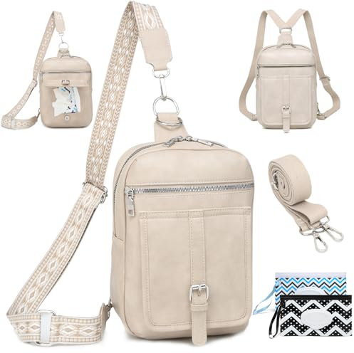 Travistar Brusttasche Sling Bag Damen Herren 2 in 1 Rucksack Damen Wickeltasche mit 2 Abnehmbare Schultergurte und Feuchttuch-Tasche, PU Leder Umhängetasche Schultertasche Crossbody Bag Damen Weiß