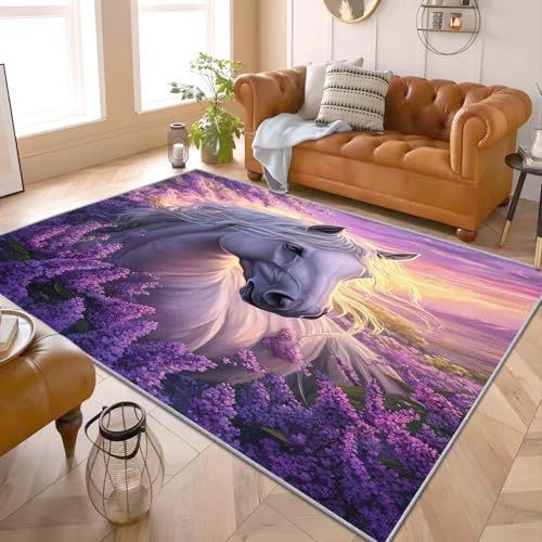 Teppich Mädchen Pferd - Teppich Wohnzimmer Schlafzimmer Kinderzimmer Pferd, Großer Teppich Pferdemotiv Lila, Weich Kurzflor & Waschbar & rutschfest Wohnzimmerteppich, Kinderteppich, 160x230 cm