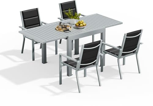 Devoko Gartenmöbel Set 4 Personen,4+1 Aluminium Tisch und Stühle Set Balkonmöbel, 4 Stapelbare Gartenstühle und 1 80/160 cm Dehnbarer Gartentisch,Terassen möbelsets außen Lounge, Hellgrau