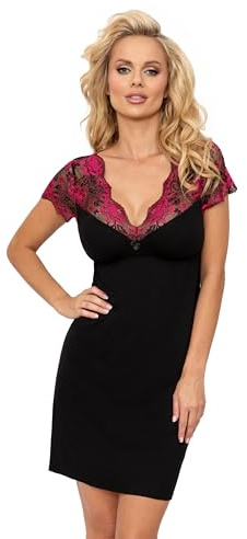 Selente Sweet Dreams Chemise de nuit courte élégante pour femme avec dentelle (fabriquée en UE), Manches courtes noir/rose, 42