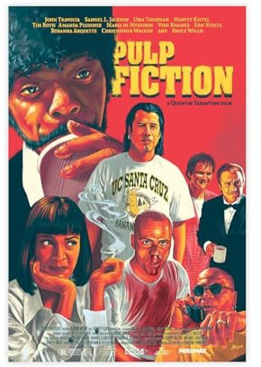 WANGCYJS Pulp Fiction Poster Quentin Tarantino, ikonisches Vintage-Filmposter, 7 Leinwandposter, Schlafzimmer, Dekoration, Landschaft, Büro, Raumdekoration, Geschenk, ungerahmt: 30 x 45 cm