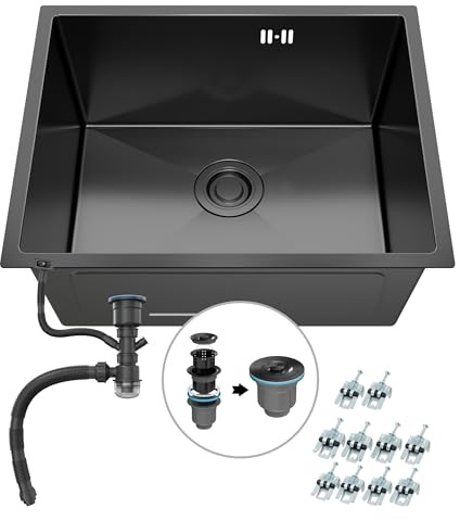 ANW HOME Lavello Cucina 1 Vasca 47x45 cm, Grafite PVD | Incasso/Sottotop, Rivestimento Nano, Spessore 3,0+1 mm, Profondità 22 cm, Con Sifone