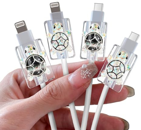 DiyGody 4 Pcs Cable Protectors Compatible for Apple Cables, Charger End Cord Protector with 3D Glittery Turtle Design, Data Cable Protection Compatible with iPhone iPad USB Type-C/L, Black+White