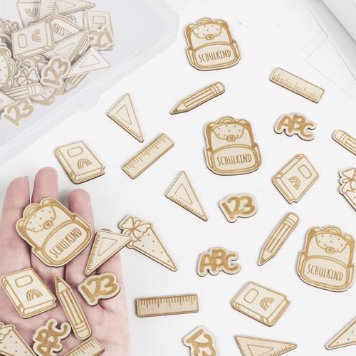 MEJOSER 80 Stück Einschulung Deko Holz Streudeko Konfetti 8 Motive Schulkind Schulanfang Tischdeko Inkl. Box Schuleinführung Schulstart DIY Geschenke für Junge Mädchen