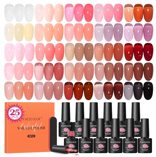 Peacecolor 25 Farben UV Gel Nagellack Set, Milchweiß Rosa Rot Schwarz Jelly Gel Nail Polish Transparent für Gelnägel Nägel Selber Machen Geschenke für Anfänger