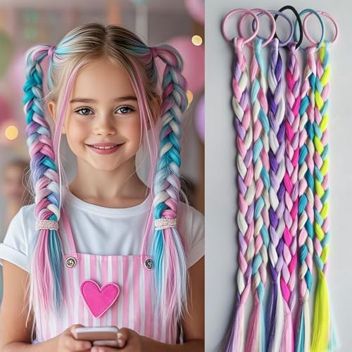 Muorruo 6er-Pack bunte geflochtene Haarverlängerungen für Mädchen, elastische synthetische Zöpfe zum Binden, Haarteile für Kinder, Pferdeschwanz-Accessoires für den Alltag und Partys